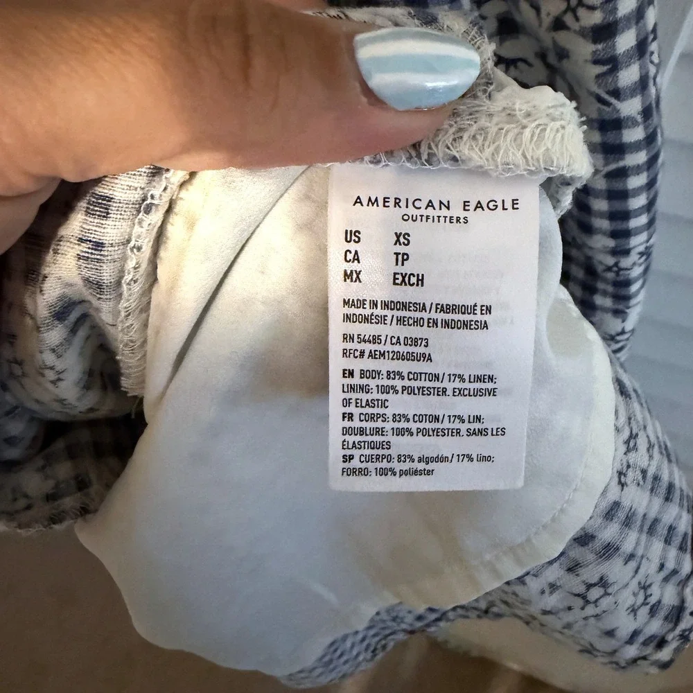 American Eagle‎ Dress Smocked Gingham Floral XS Blue Womens Cottagecore Mini
